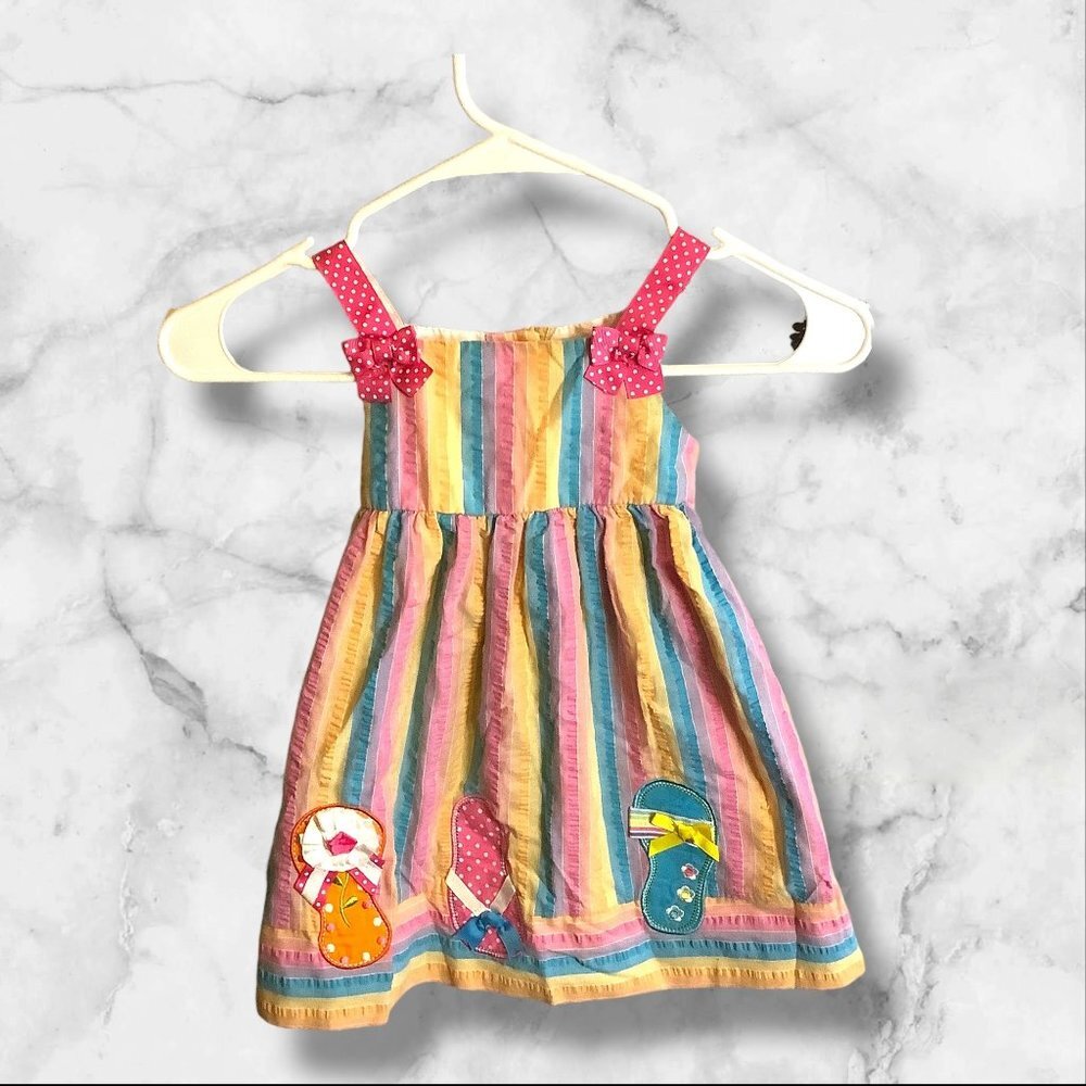Emily Rose Seersucker Flip Flop Dress 2T Rainbow Striped With Polka Dot‎ Bow